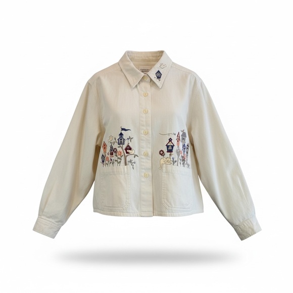 Christopher & Banks Jackets & Blazers - Christopher & Banks Embroidered Birdhouse Jacket Cream Cottagecore Button up XL